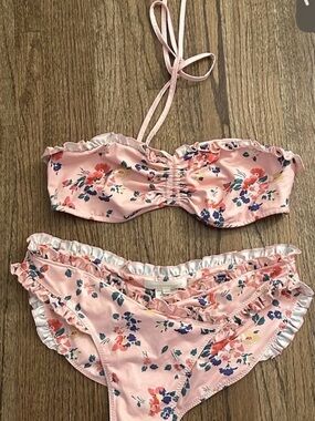 LoveShackFancy Pink Floral Ruffled Bikini Set